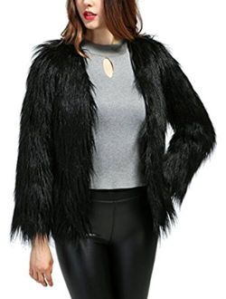 Dikoaina Women's Solid Color Shaggy Faux Fur Coat Jacket