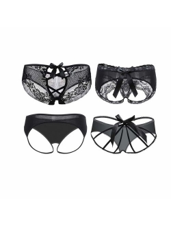 Nightaste Womens Black Bow-Knot Lace Thong Underwear 4-Pack Hollowed G-String Briefs Panties