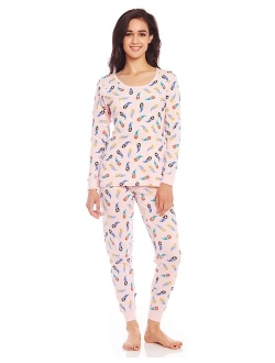 Women's Pajamas Fitted Printed Owl 2 Piece Pjs Set 100% Cotton Sleep Pants Sleepwear (XSmall-XLarge)