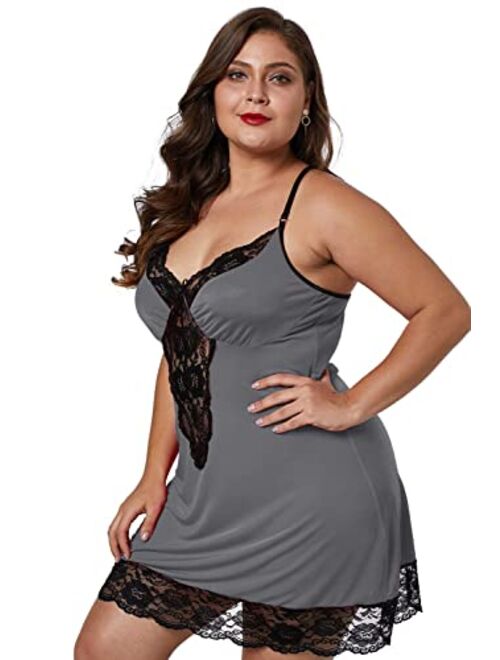 BLMFAION Women Sexy Plus Size Satin Chemise Babydoll Silky Lingerie Dress with Lace Trim X-5X