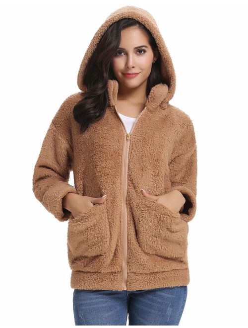 Abollria Women's Long Sleeve Coat Casual Lapel Fleece Fuzzy Faux Shearling Zipper Warm Winter Oversized Outwear Jackets