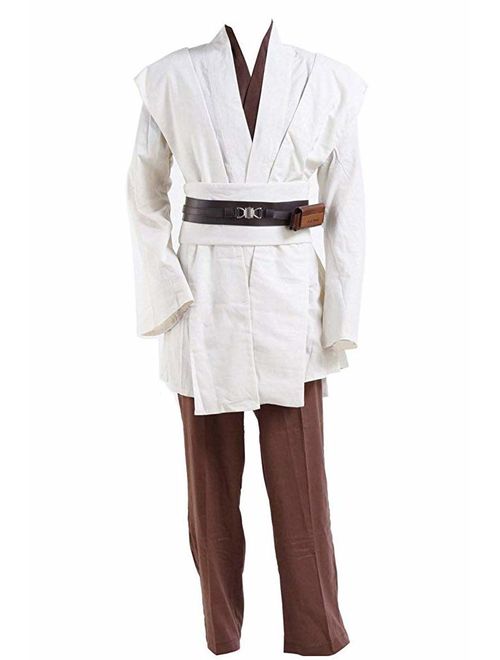 Fancycosplay Jedi Robe Cosplay Costume Set Men Halloween Outfit Brown White with Belt and Pocket Full Suit - US Size