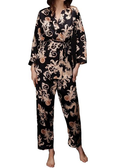 Jusfitsu Women's Pajama Sets Elegance 3Pieces Silk Pajamas Womens Sleepwear Sets ...