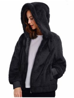 Geschallino Women's Soft Faux Fur Hooded Jacket, 2 Pockets Short Coat Outwear Warm Fluffy Fleece Tops for Winter, Spring, Black, M