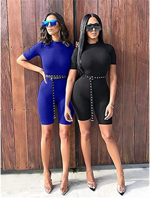 GOBLES Women's Bodycon Rompers Casual Solid Short Sleeve Jumpsuits with Belt