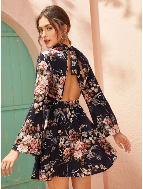Shein Tie Open Back Self Belted Floral Print Dress