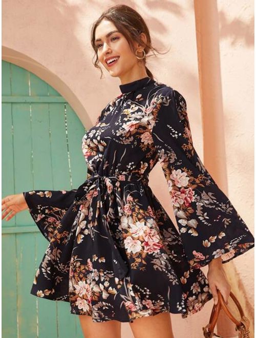 Shein Tie Open Back Self Belted Floral Print Dress