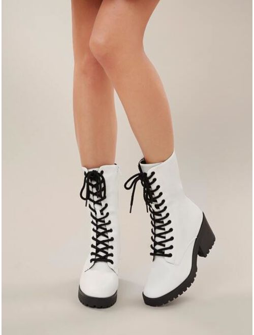 Lace Front Lug Sole Block Heel Military Boots