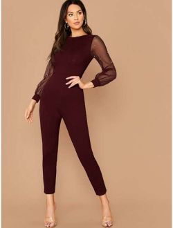 Pearl Beaded Sheer Sleeve Jumpsuit Without Belt
