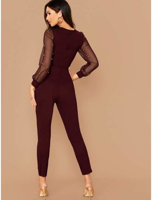 Shein Pearl Beaded Sheer Sleeve Jumpsuit Without Belt
