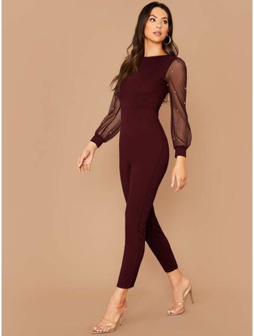 Shein Pearl Beaded Sheer Sleeve Jumpsuit Without Belt