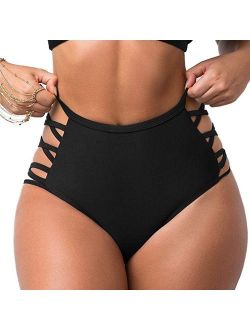 Sexy Women's Swimwear Bikini Retro High Waisted Strappy Brief Bottom Solid Color Black,S