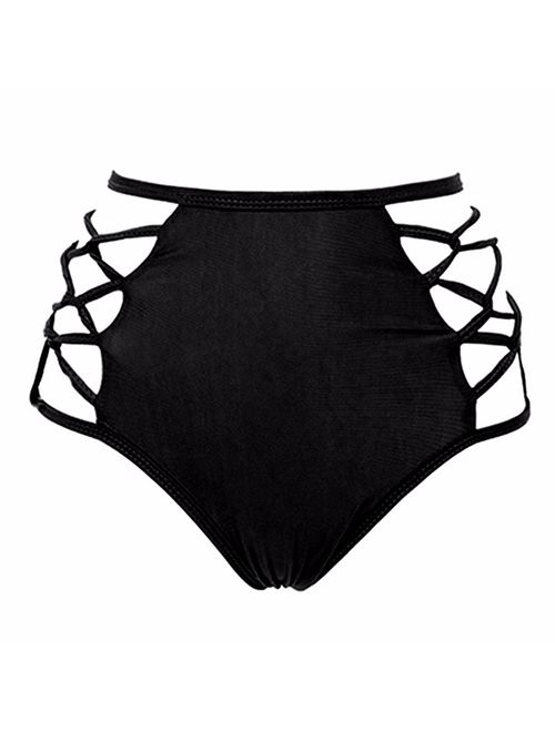 FITTOO Sexy Women's Swimwear Bikini Retro High Waisted Strappy Brief Bottom Solid Color Black,S