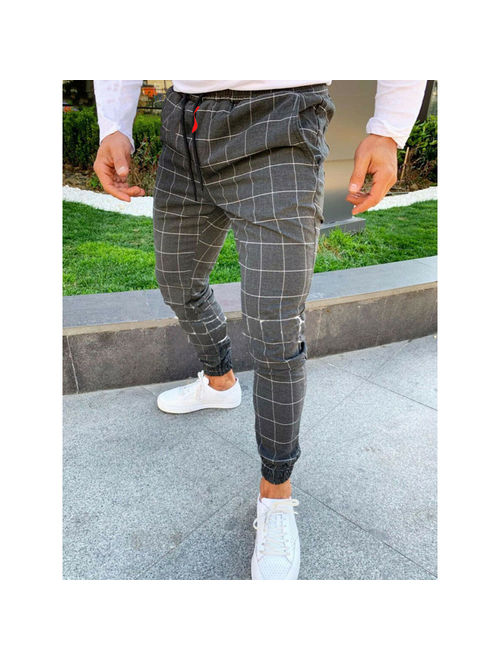 Hirigin Men's Slim Fit Plaid Straight Leg Trousers Casual Pencil Jogger Casual Pants