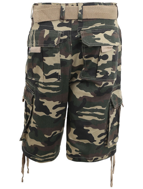 Ma Croix Mens Twill Cargo Shorts with Belt Loose Fit Multi Pocket Cotton Camouflage Outdoor Utility Wear