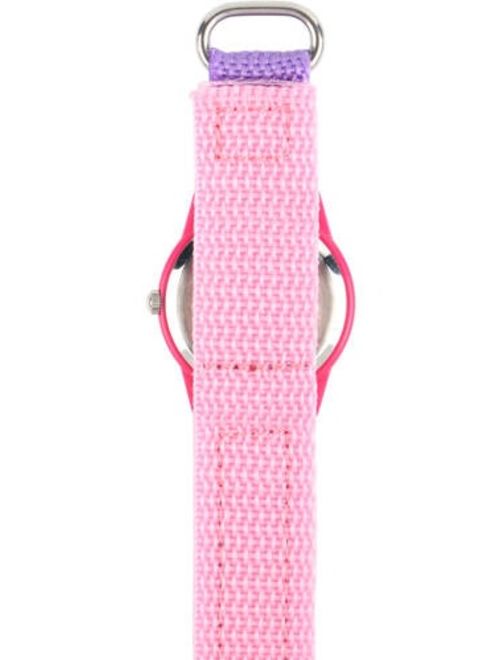 Princess Belle Girls' Pink Plastic Time Teacher Watch, Purple Hook and Loop Nylon Strap with Pink Backing