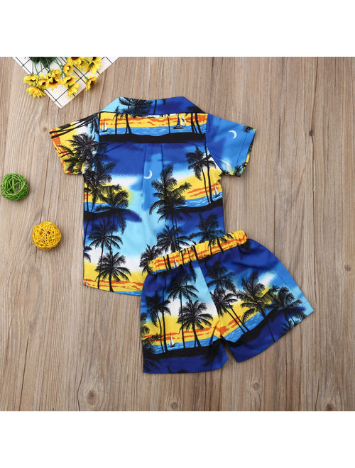 Baby Boys Summer Clothes Beach Shirt Shorts Suit Navy Blue Cute Pattern Print Rompers Outfit Set