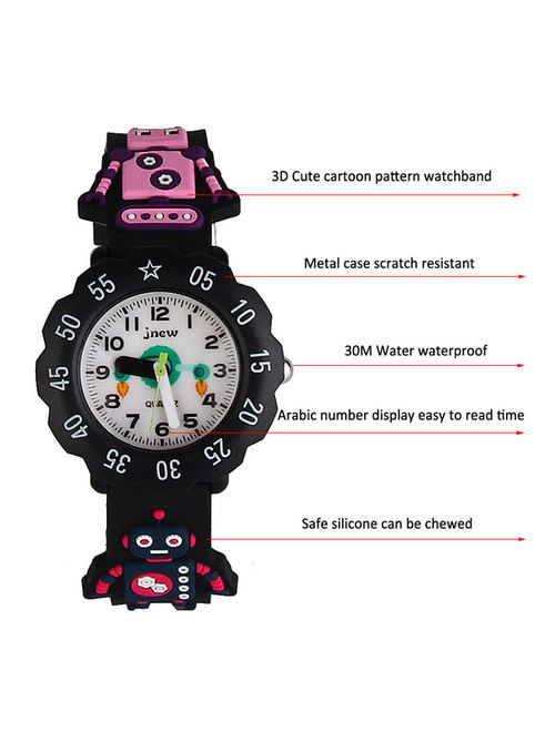 3D Lovely Cartoon Children Watch Silicone Strap Waterproof Digital Round Quartz Wristwatches Time Teacher Gift for Girls Robot - black