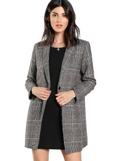 Women's Lapel Collar Coat Long Sleeve Plaid Blazer Outerwear