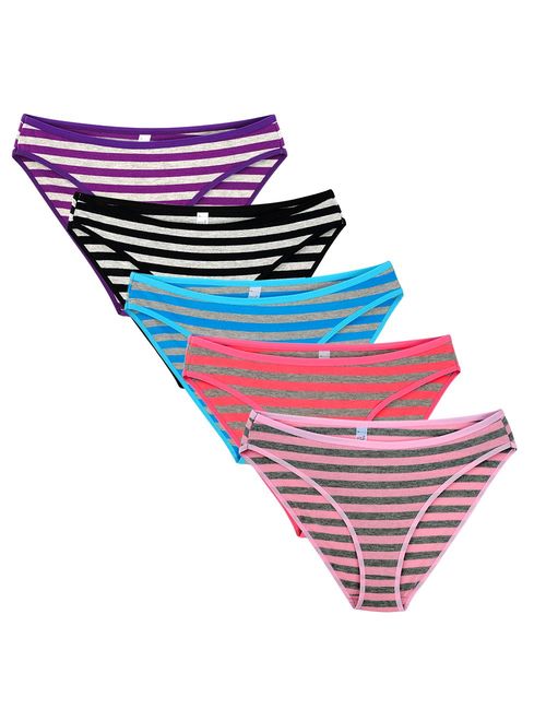 Nightaste Women Cotton French Cut Briefs Pack of 5 Assorted Underwear Panties with Color Stripes