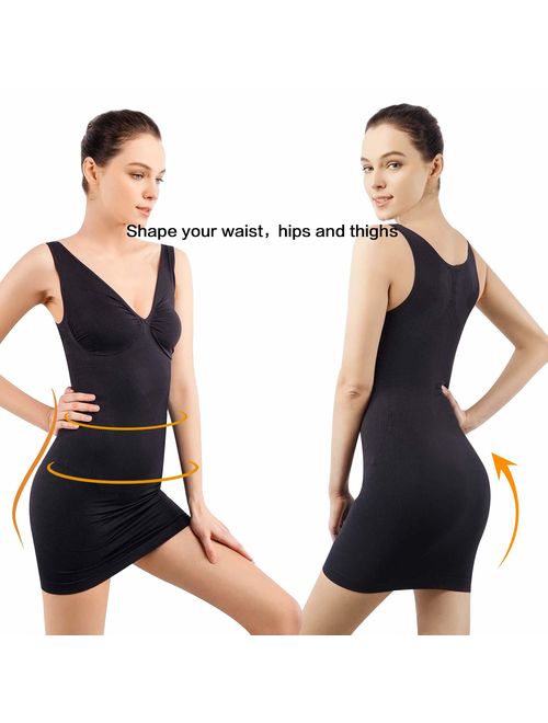 +MD Women's Full Body Shapewear Slip V Neck Control Shaper for Under Dresses