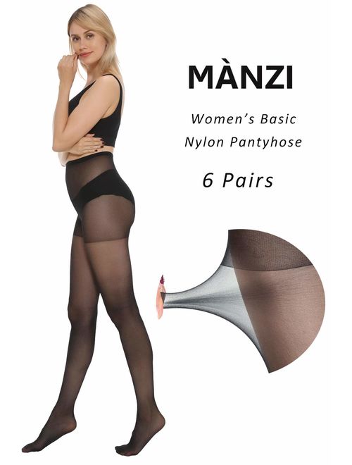 MANZI Women's Pantyhose 6-Pack Sheer Nylon Tights 20-Denier Basic Hosiery
