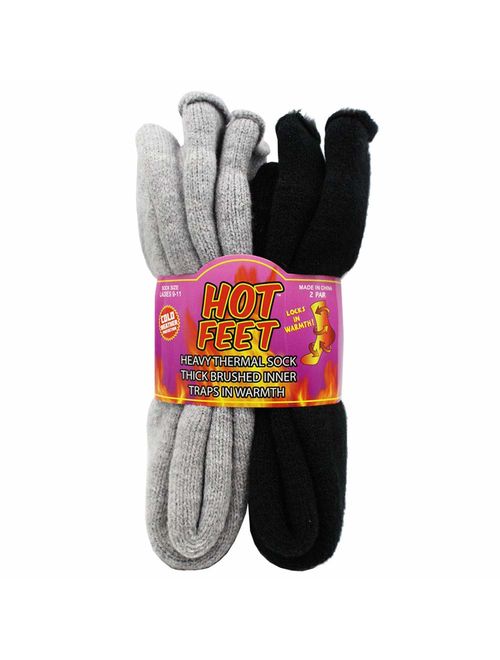 Hot Feet Women's 2 Pairs Heavy Thermal Socks - Thick Insulated Crew for Cold Winter Weather; Sock Size 9-11, Shoe Size 4-10.5