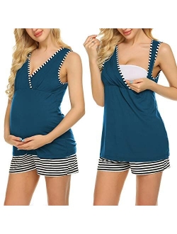 Womens Maternity Nursing Pajamas Shorts Set Stripe Soft Pregnancy Breastfeeding Sleepwear (S-XXL)