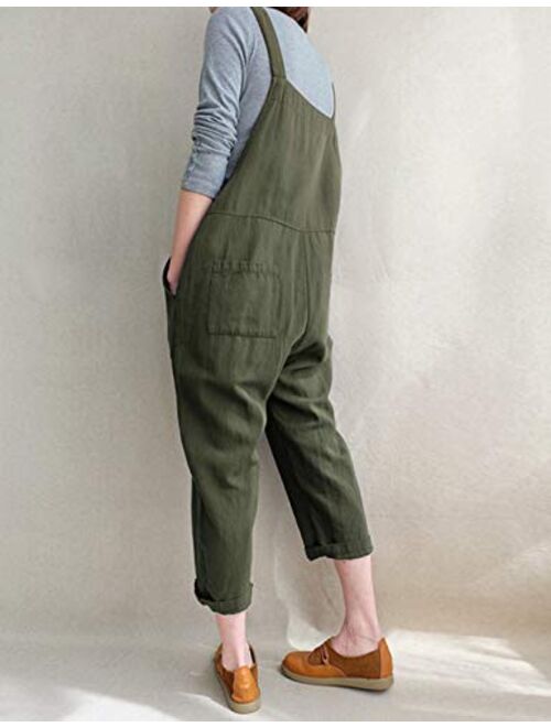 Gihuo Women's Fashion Baggy Loose Linen Overalls Jumpsuit with Pockets