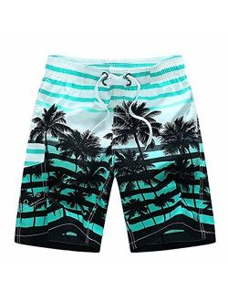 Newland Men's Colorful Stripe Coconut Tree Beach Shorts Swim Trunks