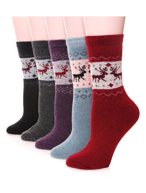 Womens Wool Socks Thick Heavy Thermal Fuzzy Winter Warm Deer Crew Socks For Cold Weather 5 Pack