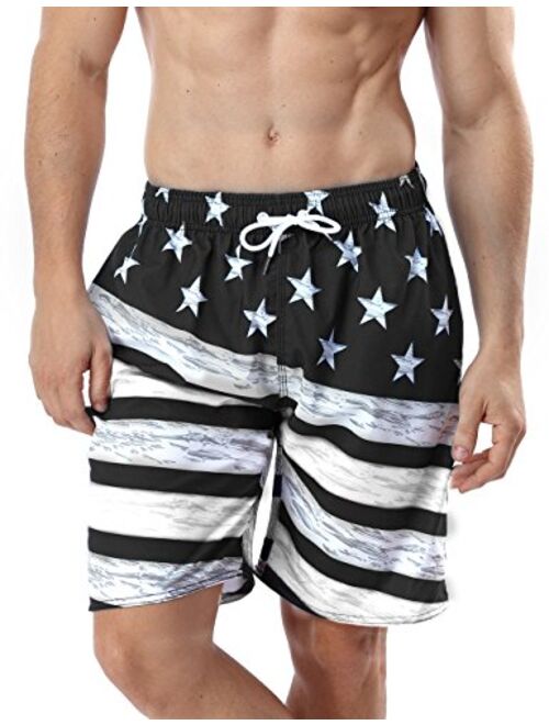 QRANSS Men's Quick Dry Swim Trunks Bathing Suit Striped Shorts with Pockets
