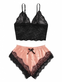 Women's Lace Cami Top with Shorts with Panties 2 Piece Set Sexy Lingerie Pajama Set