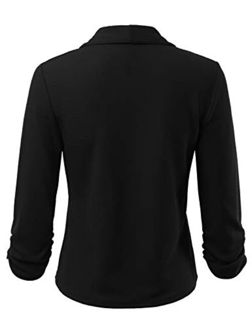 FASHIONOLIC Women's Stretch 3/4 Gathered Sleeve Open Blazer Jacket (Made in USA)