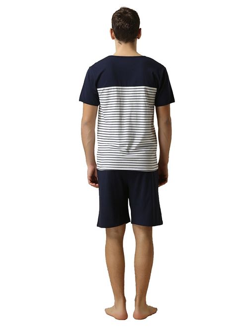 LEMONMOON Men's Cotton Classic Striped Top with Lounge Shorts Pajama 2 Piece Set