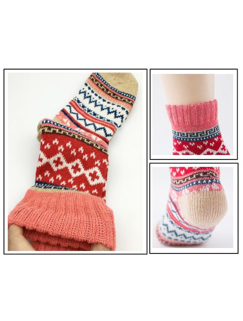 Womens 5 Pairs Vintage Style Winter Warm Thick Knit Wool Cozy Crew Socks, free size