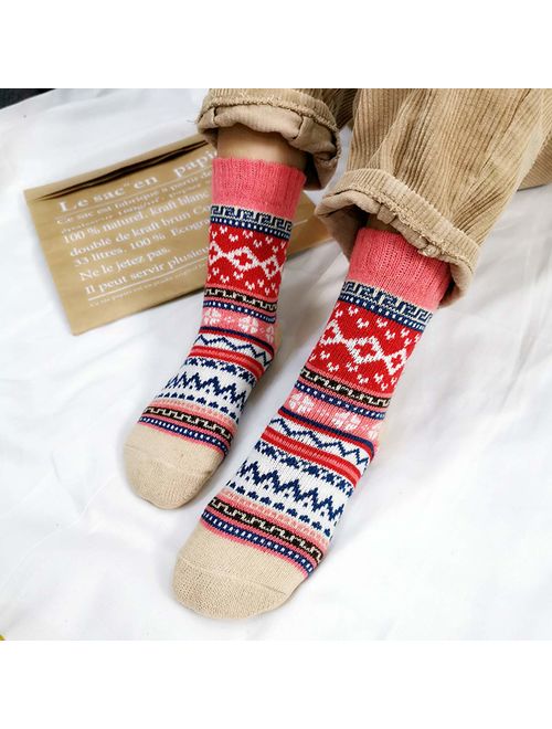 Womens 5 Pairs Vintage Style Winter Warm Thick Knit Wool Cozy Crew Socks, free size