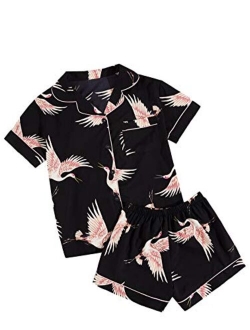 Women's Notch Collar Palm Leaf Print Sleepwear Two Piece Pajama Set