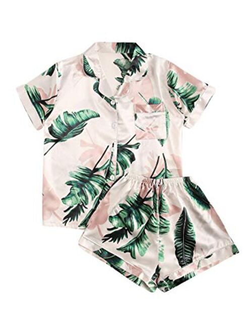Floerns Women's Notch Collar Palm Leaf Print Sleepwear Two Piece Pajama Set