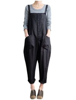 Gihuo Women's Baggy Loose Cotton Linen Bib Overalls Jumpsuits
