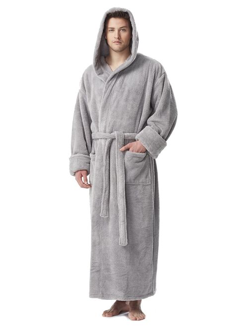 Arus Men's Fleece Robe, Long Hooded Turkish Bathrobe