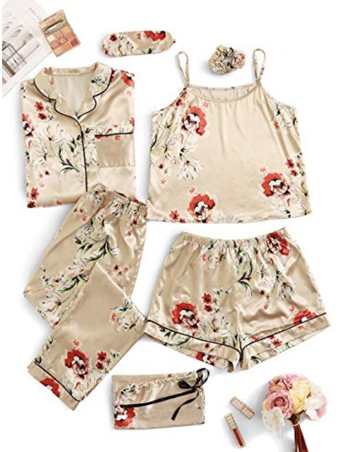 SheIn Women's 7pcs Pajama Set Cami Pjs with Shirt and Eye Mask