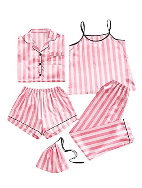 SheIn Women's 7pcs Pajama Set Cami Pjs with Shirt and Eye Mask