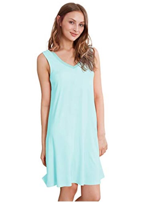 WiWi Women's Bamboo Sleeveless Nightgowns Soft Pajamas Sleep Dress V Neck Sleepshirt S-4X