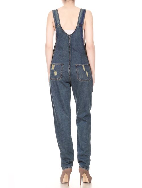 Anna Kaci ANNA-KACI Womens Distressed Denim Overalls with Tapered Leg and Pockets