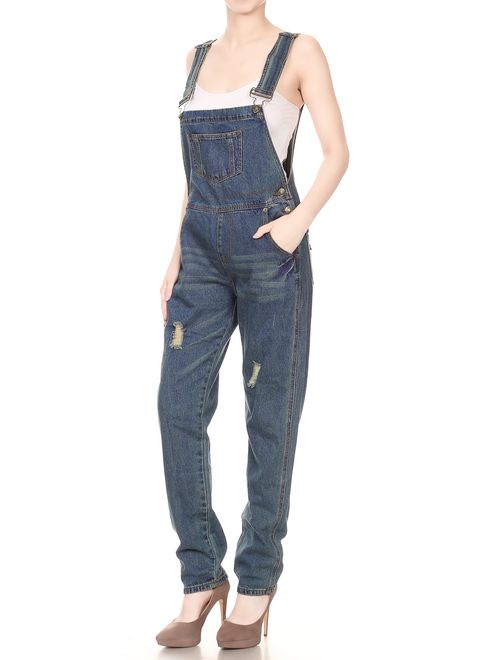 Anna Kaci ANNA-KACI Womens Distressed Denim Overalls with Tapered Leg and Pockets