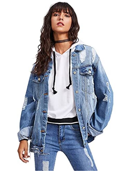 Floerns Women's Ripped Distressed Casual Long Sleeve Denim Jacket