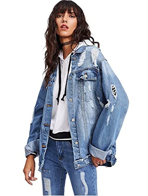 Floerns Women's Ripped Distressed Casual Long Sleeve Denim Jacket