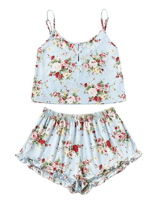 SheIn Women's Summer Floral Print Cami Top and Shorts Pajamas Set