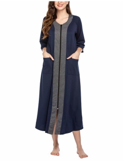 Women Zipper Robe Half Sleeve Loungewear Full Length Nightgown Duster Housecoat with Pockets S-XXL